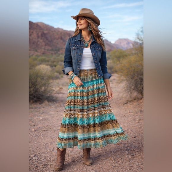 Alfred Dunner Dresses & Skirts - Alfred Dunner Southwestern Turquoise Brown Pleated Maxi Skirt Boho Size 12
